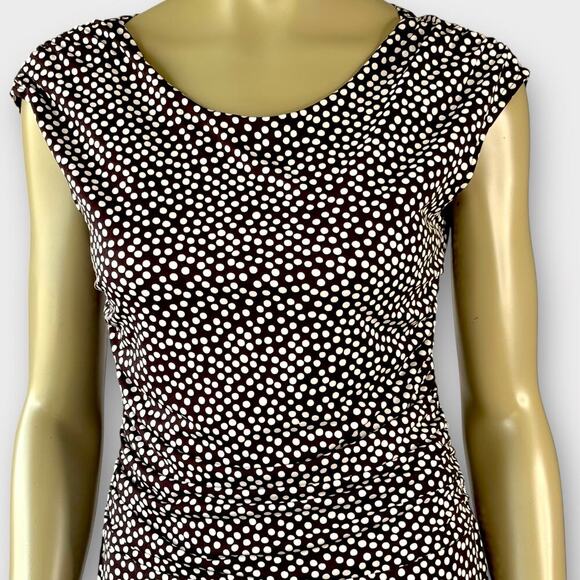 Enfocus Studio Sleeveless Polka Dot Dress Ruched Stretchy Size 12 Brown White - Picture 4 of 15